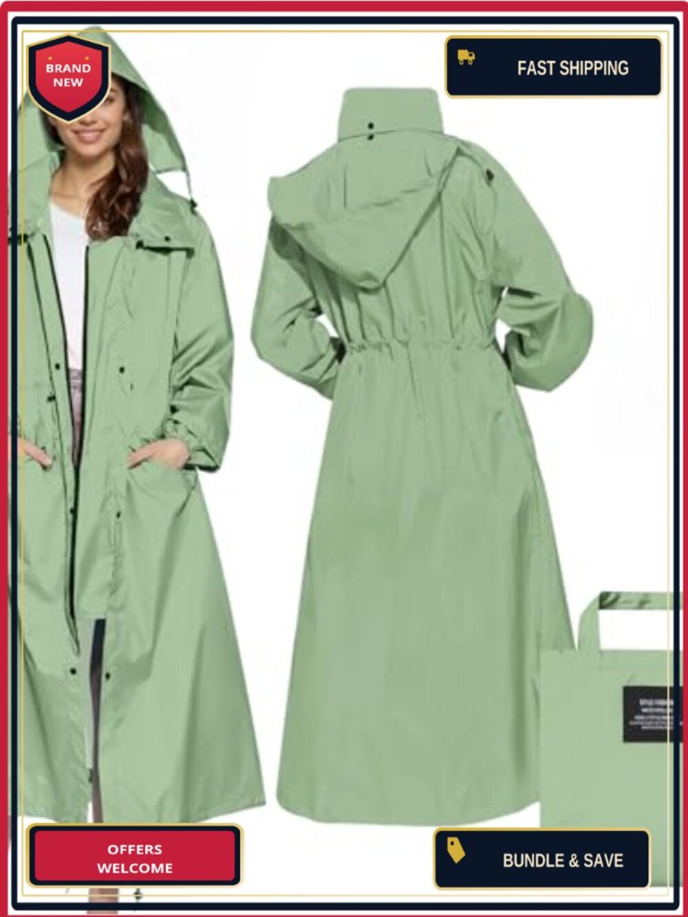 Waterproof Packable Raincoat Hooded Windbreaker for Women Adjustable Waist